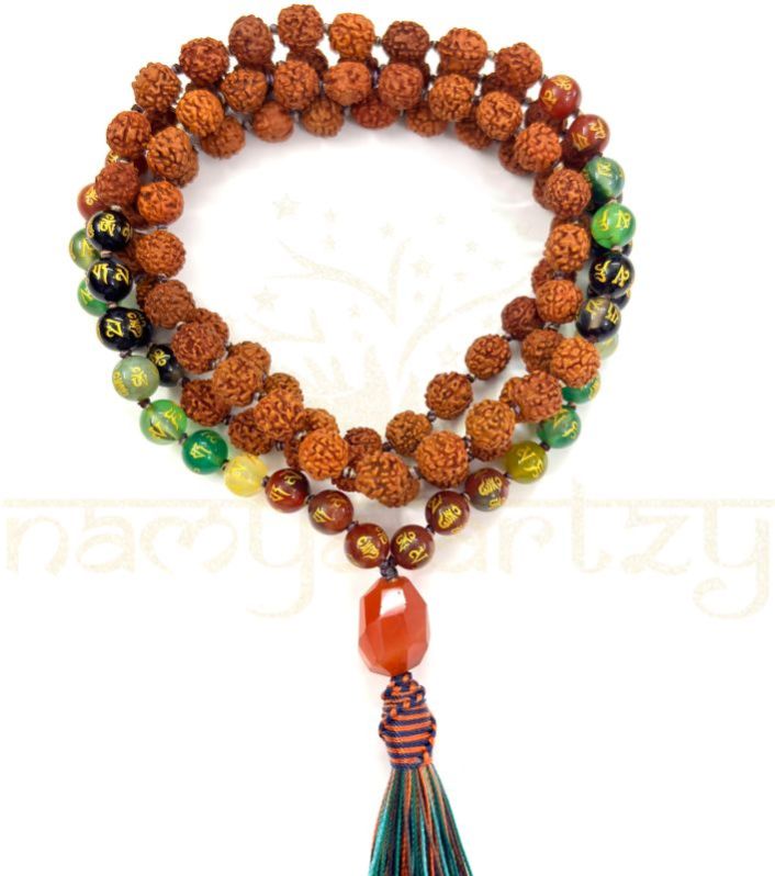 Handmade, Natural 8mm Om Mani Padme Hum & Mix Faces Rudraksha Beads Necklace 108 Hand-Knotted Mala