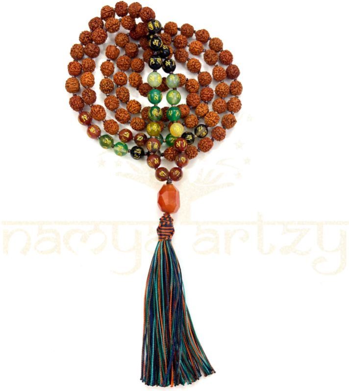 Handmade, Natural 8mm Om Mani Padme Hum & Mix Faces Rudraksha Beads Necklace 108 Hand-Knotted Mala