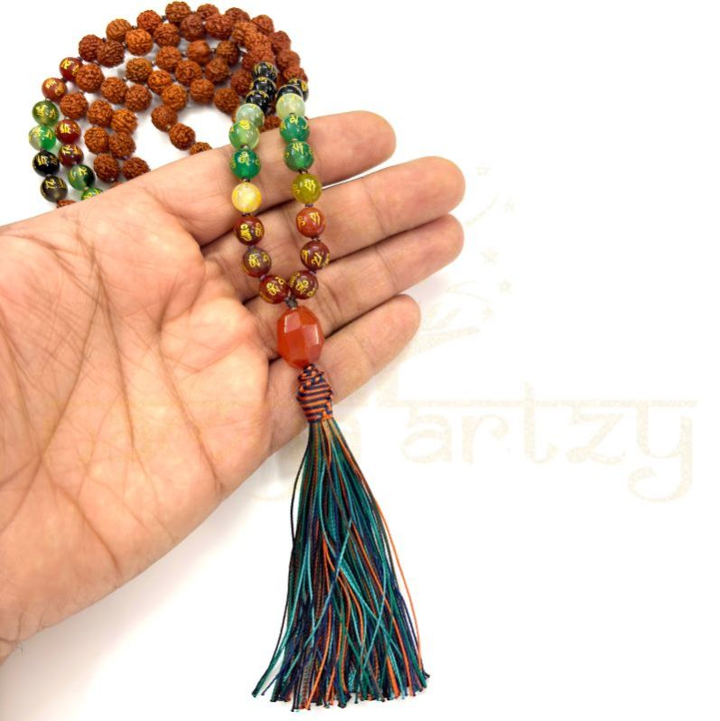 Handmade, Natural 8mm Om Mani Padme Hum & Mix Faces Rudraksha Beads Necklace 108 Hand-Knotted Mala