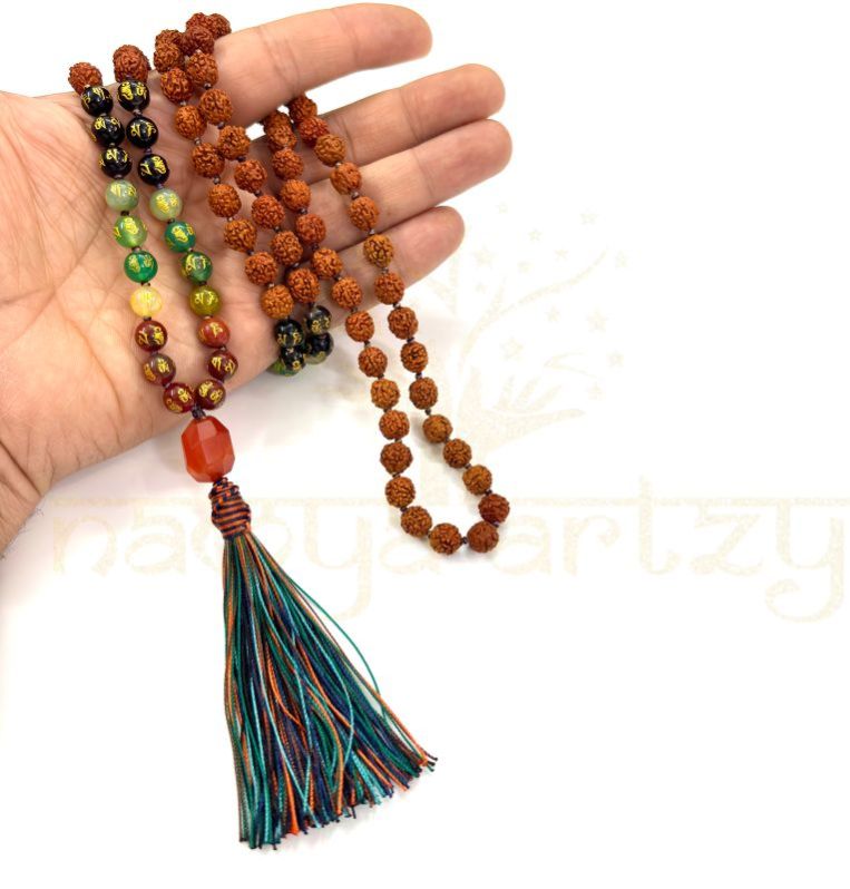 Handmade, Natural 8mm Om Mani Padme Hum & Mix Faces Rudraksha Beads Necklace 108 Hand-Knotted Mala