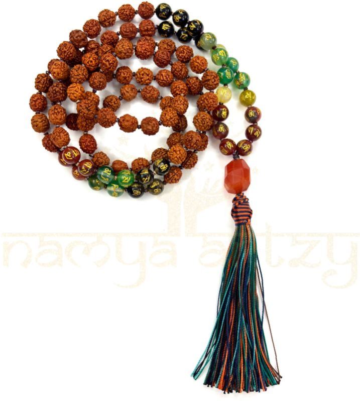 Handmade, Natural 8mm Om Mani Padme Hum & Mix Faces Rudraksha Beads Necklace 108 Hand-Knotted Mala