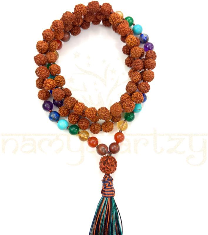 Handmade, Natural 8mm Seven Chakra &AMP;AMP; Mix Faces Rudraksha Beads Necklace 108 Hand-Knotted Mala