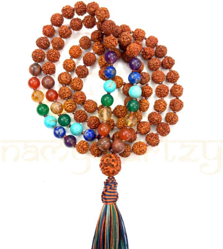 Handmade, Natural 8mm Seven Chakra &AMP;AMP; Mix Faces Rudraksha Beads Necklace 108 Hand-Knotted Mala