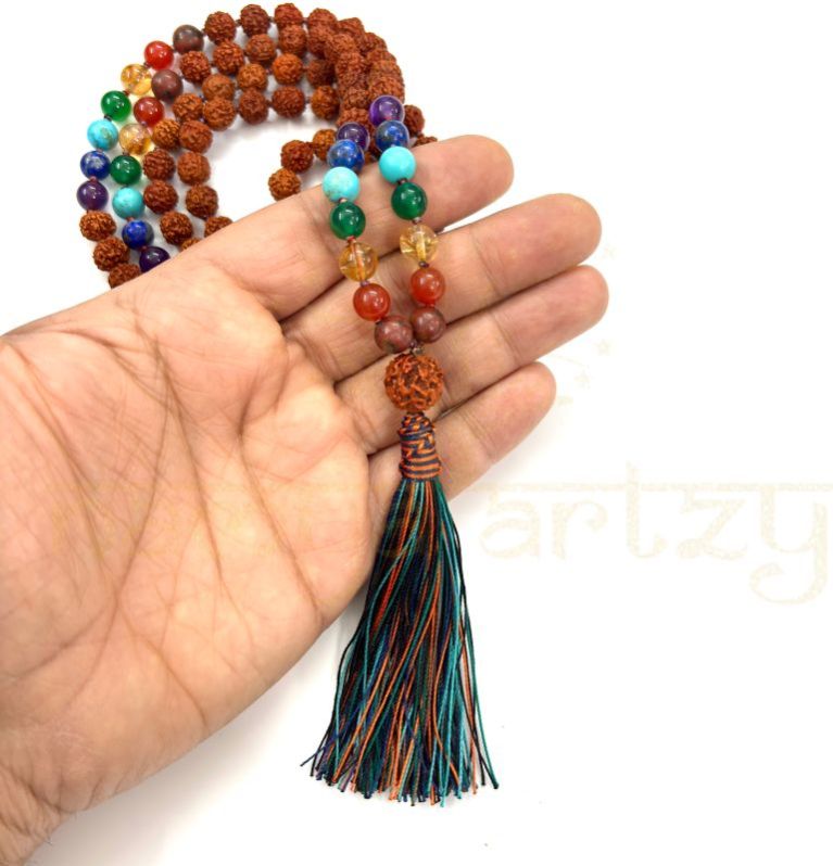 Handmade, Natural 8mm Seven Chakra &AMP;AMP; Mix Faces Rudraksha Beads Necklace 108 Hand-Knotted Mala