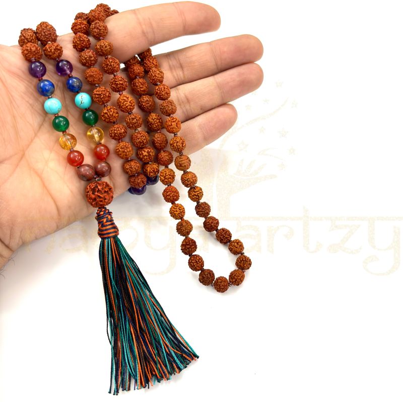 Handmade, Natural 8mm Seven Chakra &AMP;AMP; Mix Faces Rudraksha Beads Necklace 108 Hand-Knotted Mala