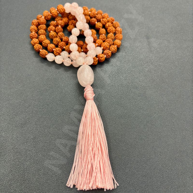 Handmade, Natural 8mm Rose Quartz &AMP;AMP; Mix Faces Rudraksha Beads Necklace 108 Hand-Knotted Mala