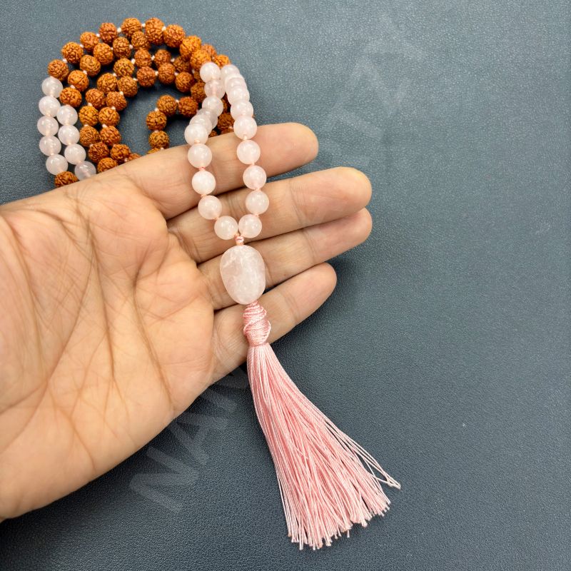 Handmade, Natural 8mm Rose Quartz &AMP;AMP; Mix Faces Rudraksha Beads Necklace 108 Hand-Knotted Mala