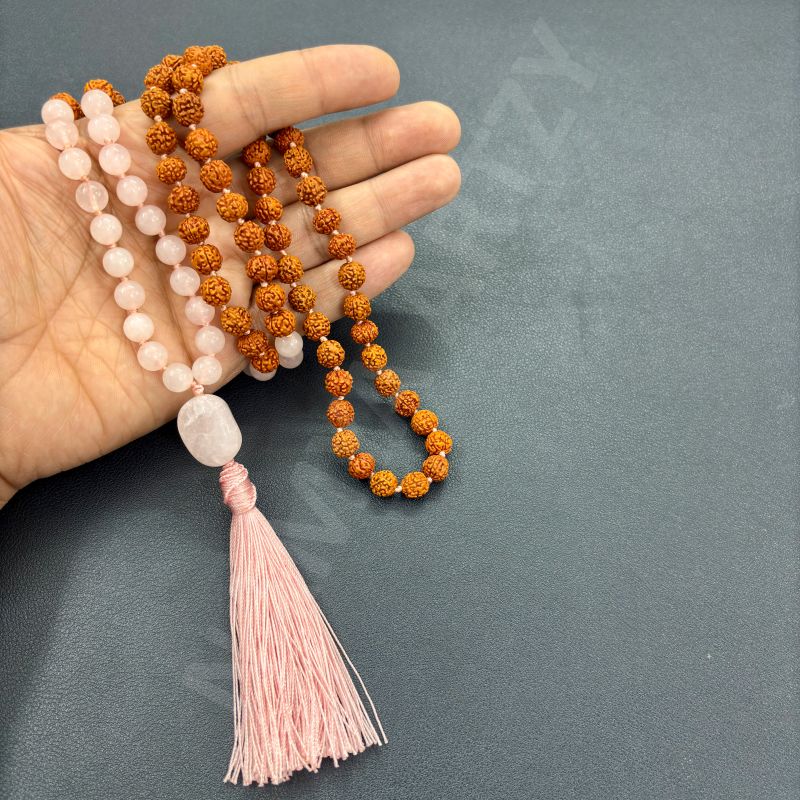 Handmade, Natural 8mm Rose Quartz &AMP;AMP; Mix Faces Rudraksha Beads Necklace 108 Hand-Knotted Mala