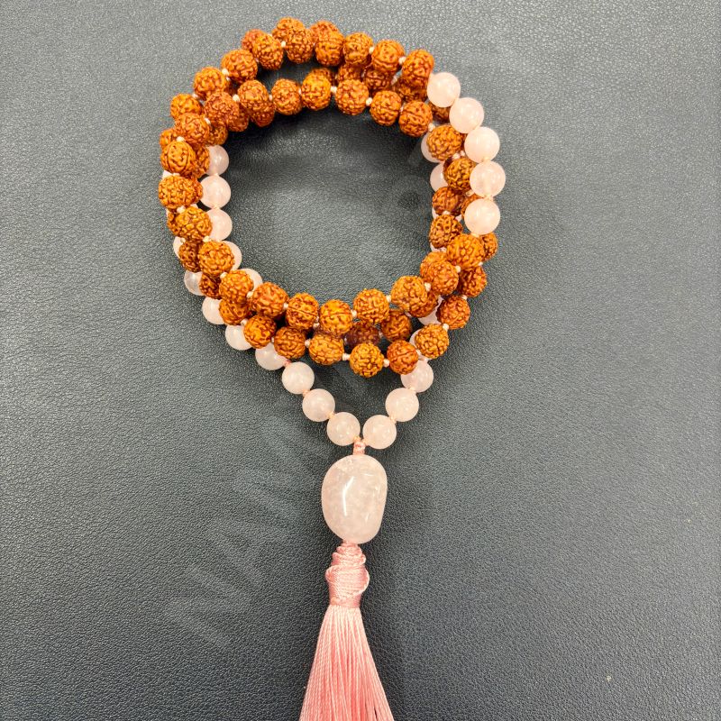 Handmade, Natural 8mm Rose Quartz &AMP;AMP; Mix Faces Rudraksha Beads Necklace 108 Hand-Knotted Mala