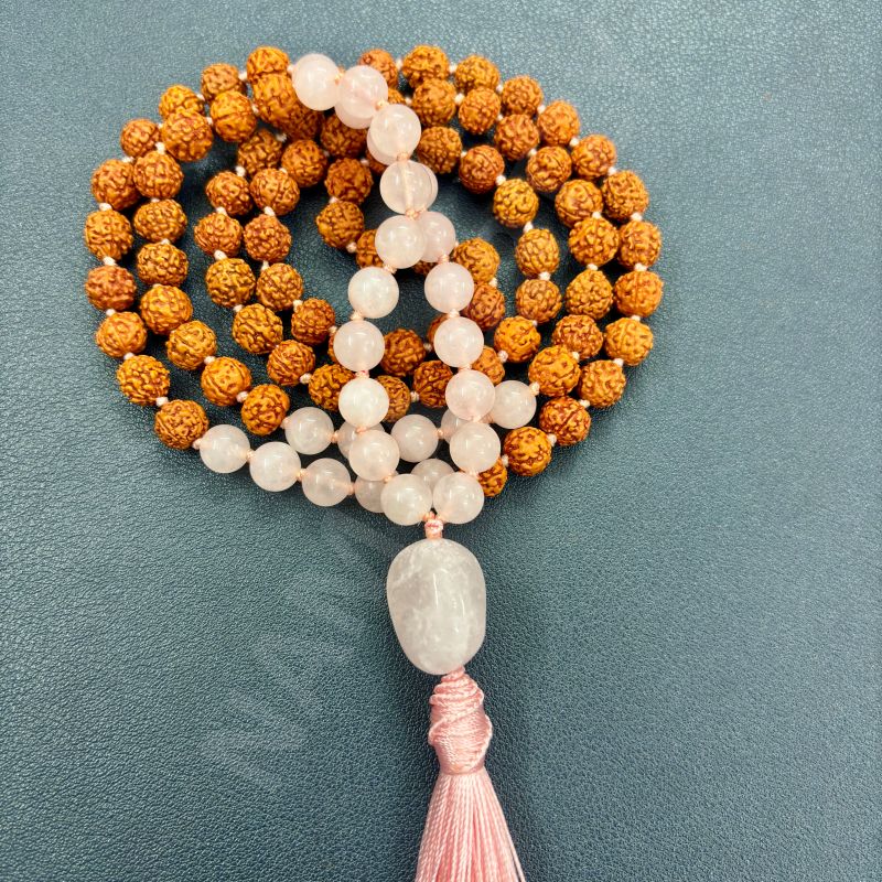 Handmade, Natural 8mm Rose Quartz &AMP;AMP; Mix Faces Rudraksha Beads Necklace 108 Hand-Knotted Mala