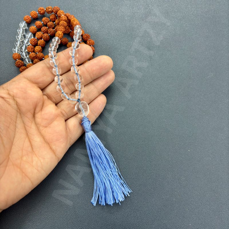 Handmade, Natural 8mm Clear Quartz &AMP;AMP; Mix Faces Rudraksha Beads Necklace 108 Hand-Knotted Mala