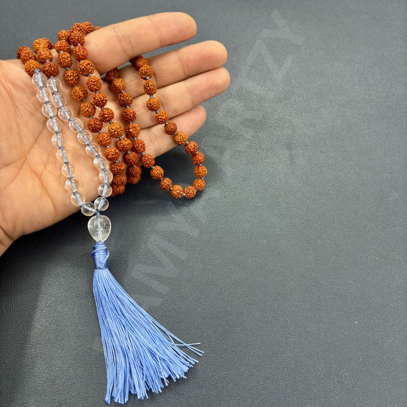 Handmade, Natural 8mm Clear Quartz &AMP;AMP; Mix Faces Rudraksha Beads Necklace 108 Hand-Knotted Mala