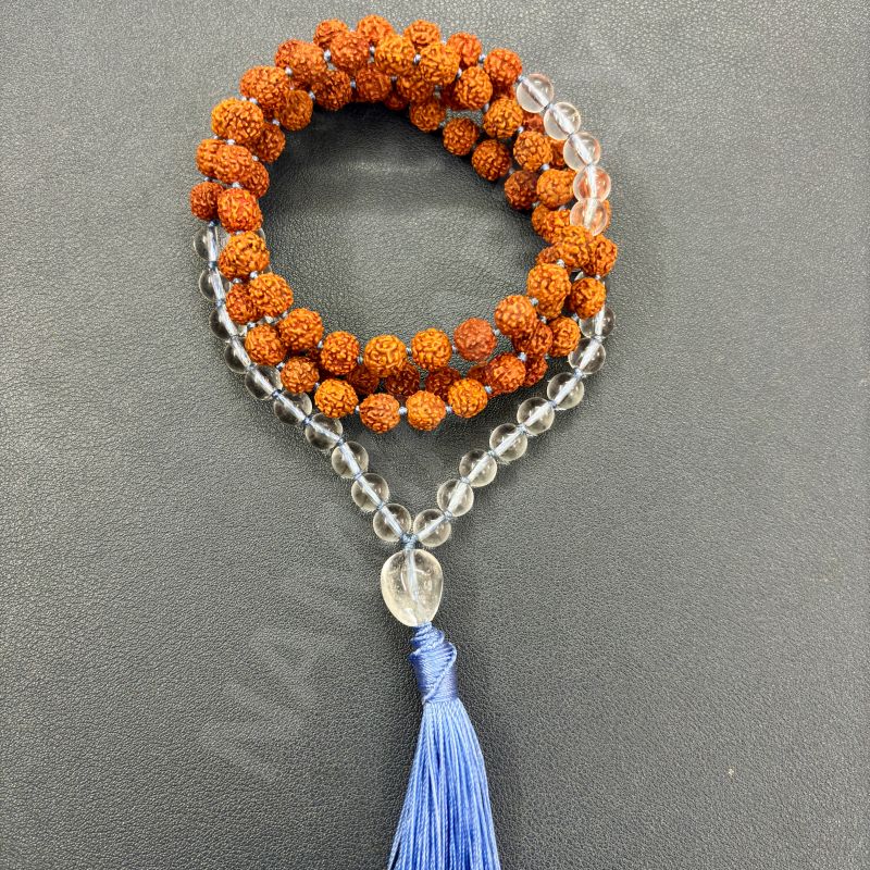 Handmade, Natural 8mm Clear Quartz &AMP;AMP; Mix Faces Rudraksha Beads Necklace 108 Hand-Knotted Mala