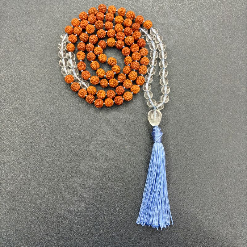 Handmade, Natural 8mm Clear Quartz &AMP;AMP; Mix Faces Rudraksha Beads Necklace 108 Hand-Knotted Mala