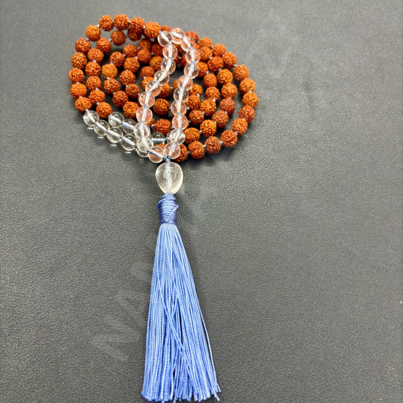 Handmade, Natural 8mm Clear Quartz &AMP;AMP; Mix Faces Rudraksha Beads Necklace 108 Hand-Knotted Mala