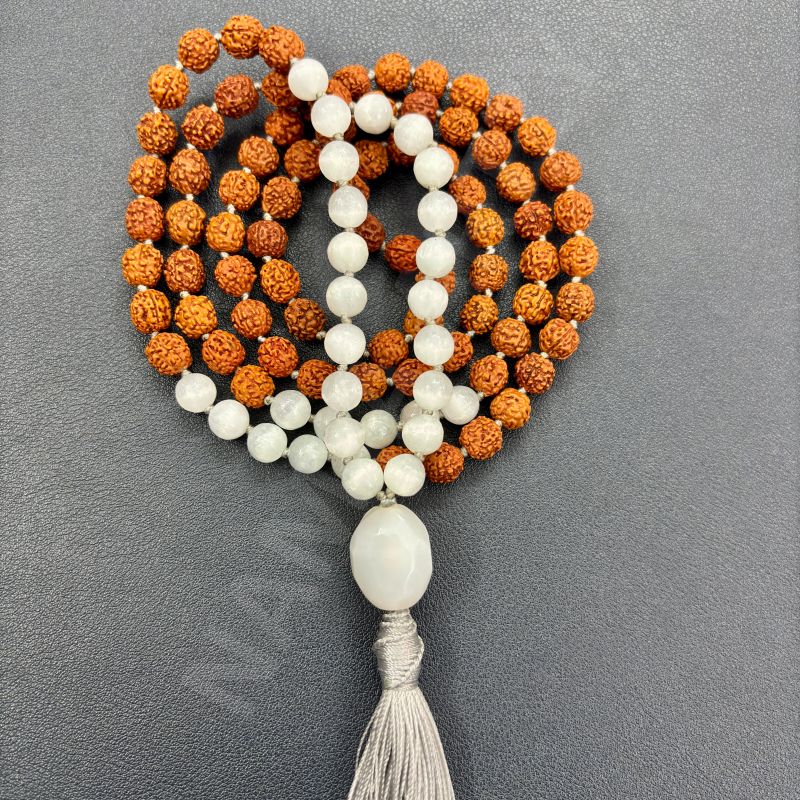 Handmade, Natural 8mm Moonstone & Mix Faces Rudraksha Beads Necklace 108 Hand-Knotted Mala