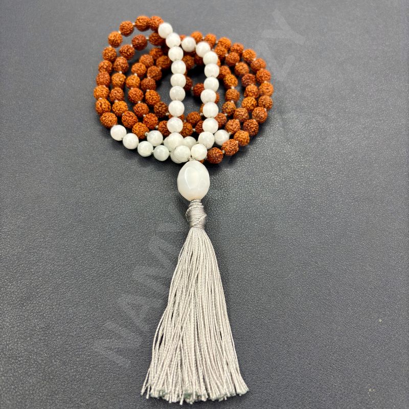 Handmade, Natural 8mm Moonstone & Mix Faces Rudraksha Beads Necklace 108 Hand-Knotted Mala