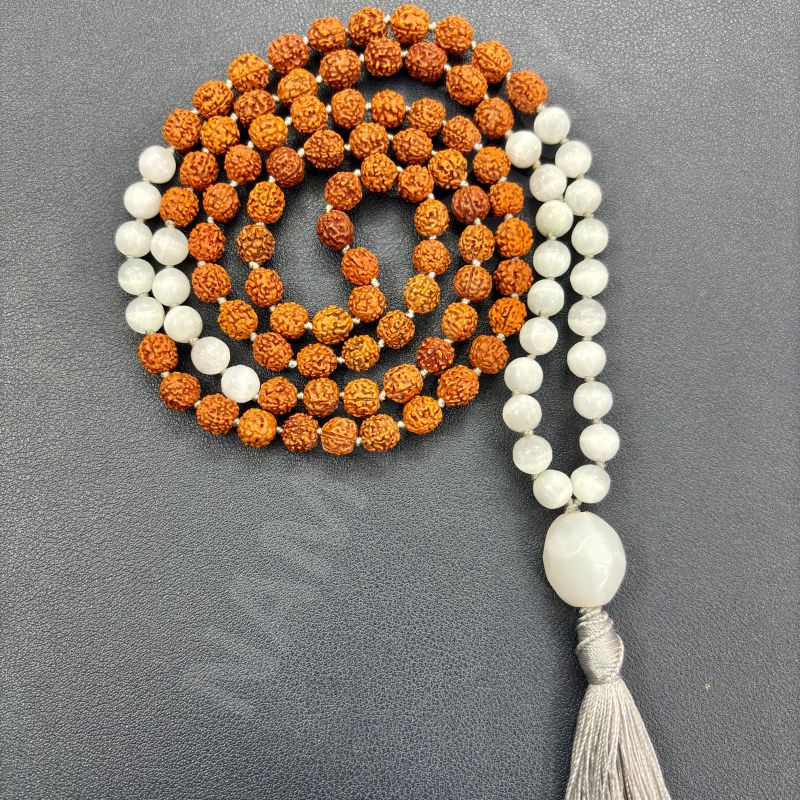 Handmade, Natural 8mm Moonstone & Mix Faces Rudraksha Beads Necklace 108 Hand-Knotted Mala