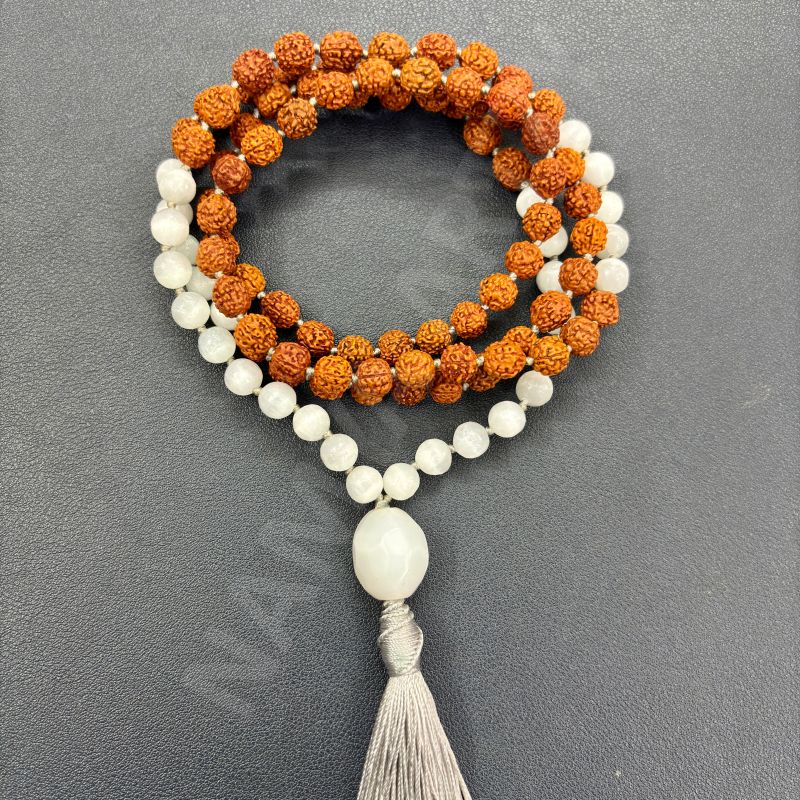 Handmade, Natural 8mm Moonstone & Mix Faces Rudraksha Beads Necklace 108 Hand-Knotted Mala