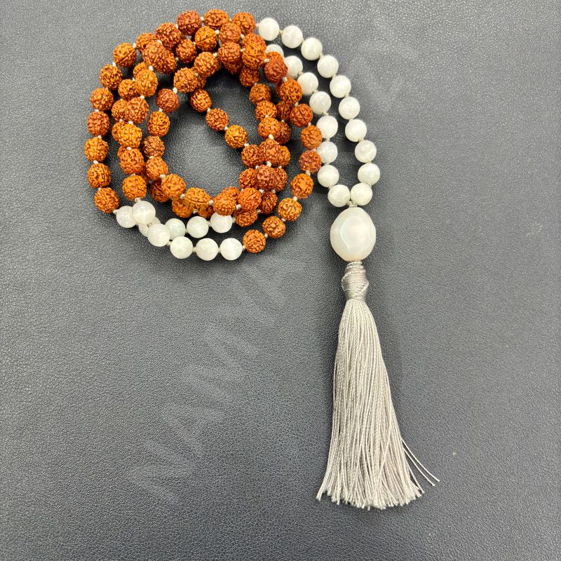 Handmade, Natural 8mm Moonstone & Mix Faces Rudraksha Beads Necklace 108 Hand-Knotted Mala