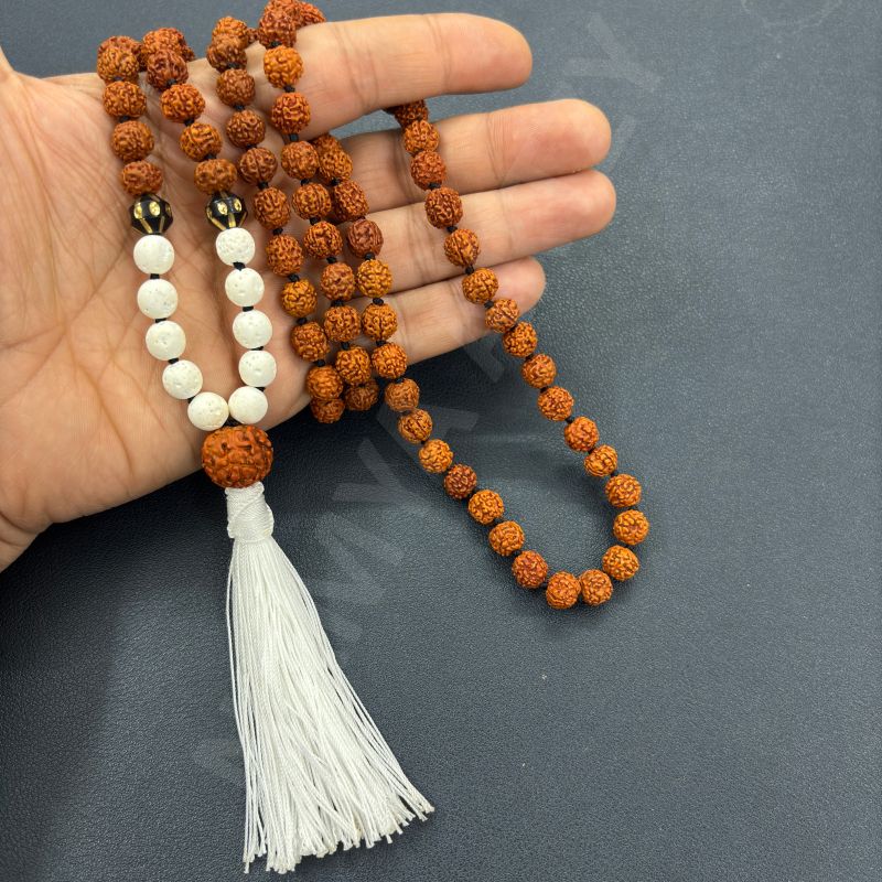 Handmade, Natural 8mm White Lava &AMP;AMP; Mix Faces Rudraksha Beads Necklace 108 Hand-Knotted Mala