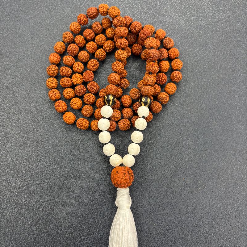 Handmade, Natural 8mm White Lava &AMP;AMP; Mix Faces Rudraksha Beads Necklace 108 Hand-Knotted Mala