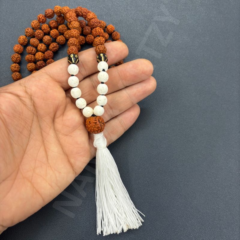 Handmade, Natural 8mm White Lava &AMP;AMP; Mix Faces Rudraksha Beads Necklace 108 Hand-Knotted Mala