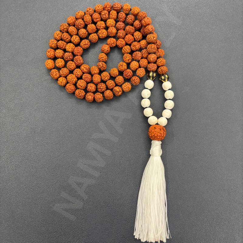 Handmade, Natural 8mm White Lava &AMP;AMP; Mix Faces Rudraksha Beads Necklace 108 Hand-Knotted Mala