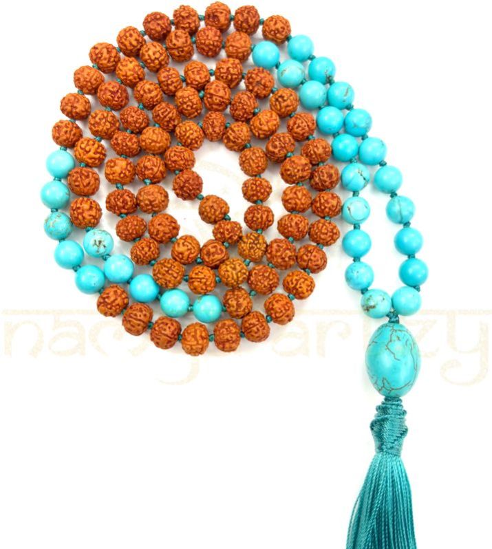 Handmade, Natural 8mm Vintage Turquoise &AMP;AMP; Mix Faces Rudraksha Beads Necklace 108 Hand-Knotted Mala