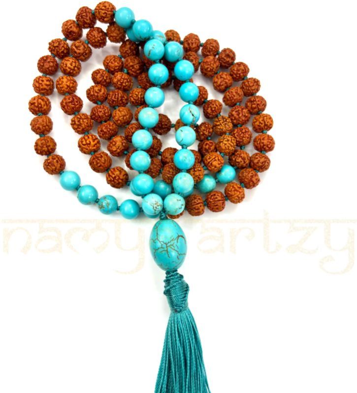 Handmade, Natural 8mm Vintage Turquoise &AMP;AMP; Mix Faces Rudraksha Beads Necklace 108 Hand-Knotted Mala