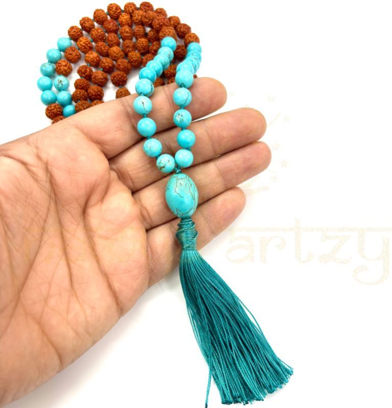 Handmade, Natural 8mm Vintage Turquoise &AMP;AMP; Mix Faces Rudraksha Beads Necklace 108 Hand-Knotted Mala