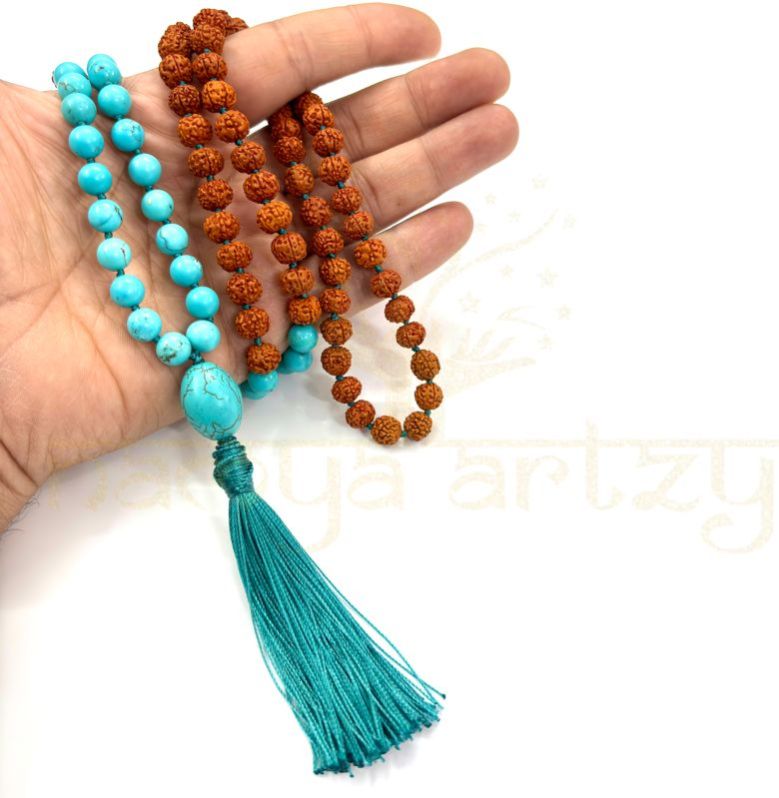 Handmade, Natural 8mm Vintage Turquoise &AMP;AMP; Mix Faces Rudraksha Beads Necklace 108 Hand-Knotted Mala