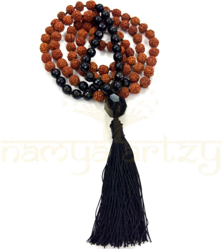 Handmade, Natural 8mm Faceted Black Onyx &AMP;AMP; Mix Faces Rudraksha Beads Necklace 108 Hand-Knotted Mala