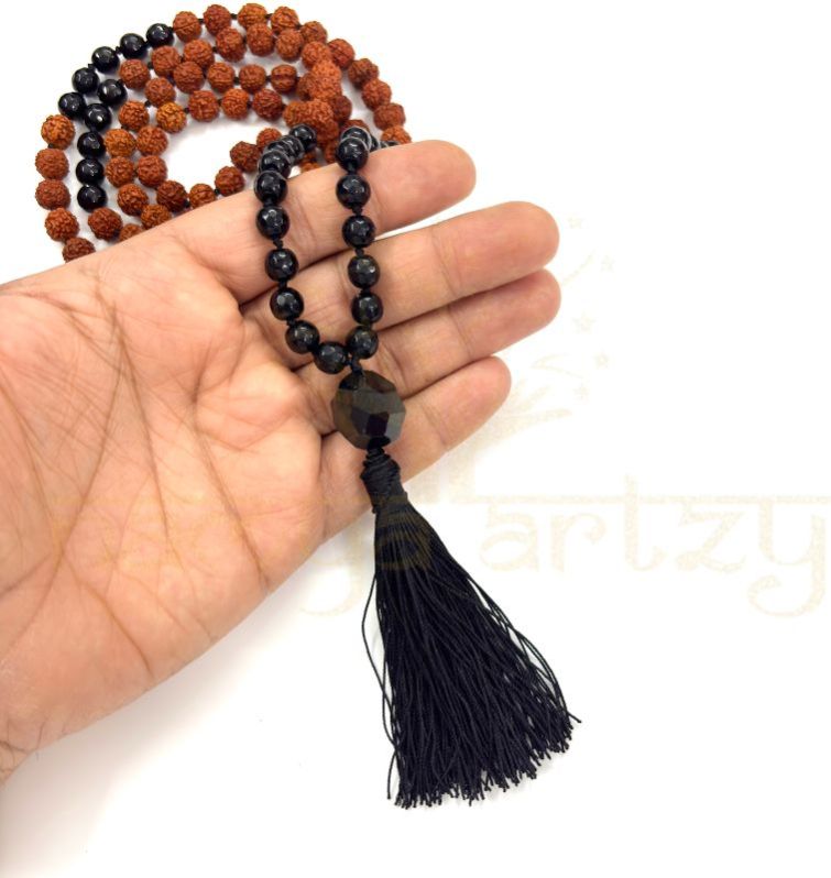 Handmade, Natural 8mm Faceted Black Onyx &AMP;AMP; Mix Faces Rudraksha Beads Necklace 108 Hand-Knotted Mala