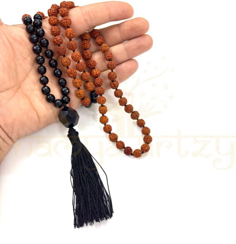 Handmade, Natural 8mm Faceted Black Onyx &AMP;AMP; Mix Faces Rudraksha Beads Necklace 108 Hand-Knotted Mala