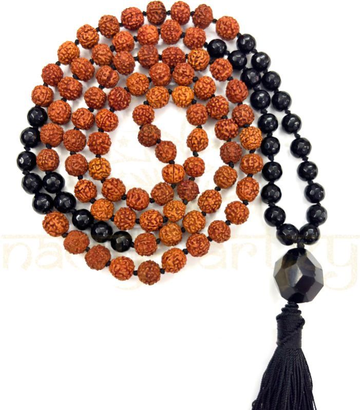 Handmade, Natural 8mm Faceted Black Onyx &AMP;AMP; Mix Faces Rudraksha Beads Necklace 108 Hand-Knotted Mala