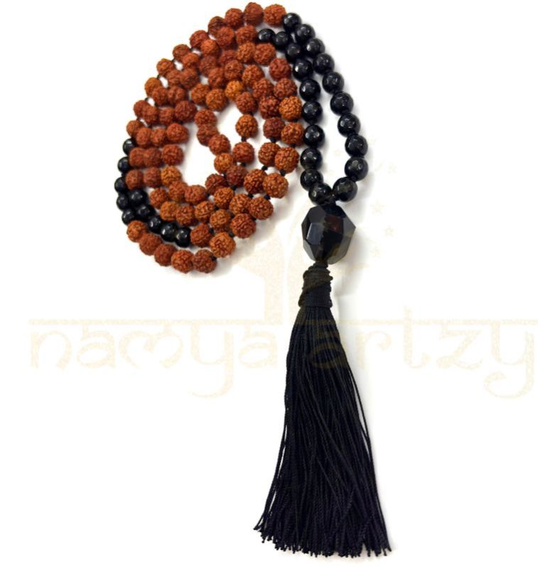 Handmade, Natural 8mm Faceted Black Onyx &AMP;AMP; Mix Faces Rudraksha Beads Necklace 108 Hand-Knotted Mala