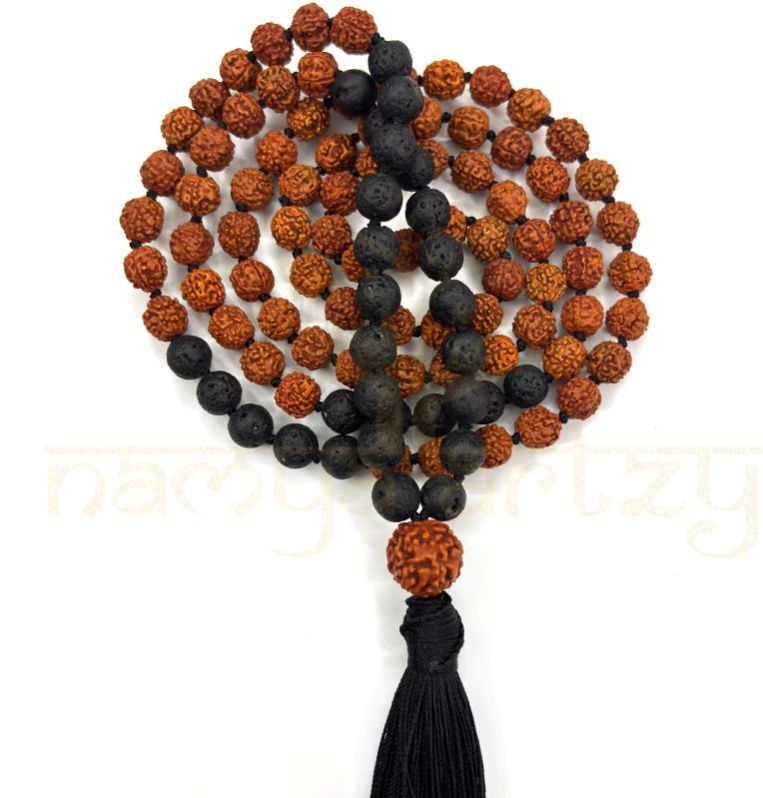 Handmade, Natural 8mm Volcano Lava &AMP;AMP; Mix Faces Rudraksha Beads Necklace 108 Hand-Knotted Mala