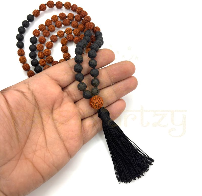 Handmade, Natural 8mm Volcano Lava &AMP;AMP; Mix Faces Rudraksha Beads Necklace 108 Hand-Knotted Mala