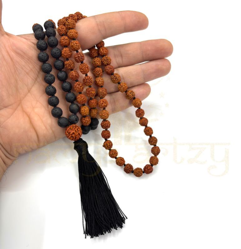 Handmade, Natural 8mm Volcano Lava &AMP;AMP; Mix Faces Rudraksha Beads Necklace 108 Hand-Knotted Mala