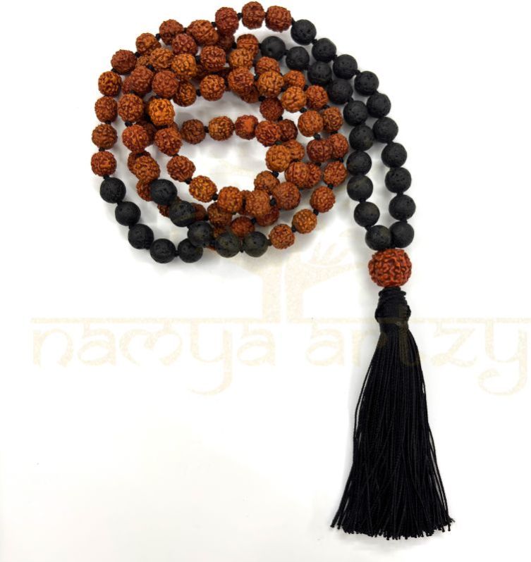 Handmade, Natural 8mm Volcano Lava &AMP;AMP; Mix Faces Rudraksha Beads Necklace 108 Hand-Knotted Mala