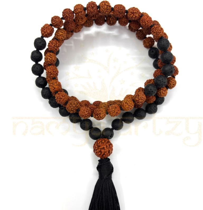 Handmade, Natural 8mm Volcano Lava &AMP;AMP; Mix Faces Rudraksha Beads Necklace 108 Hand-Knotted Mala