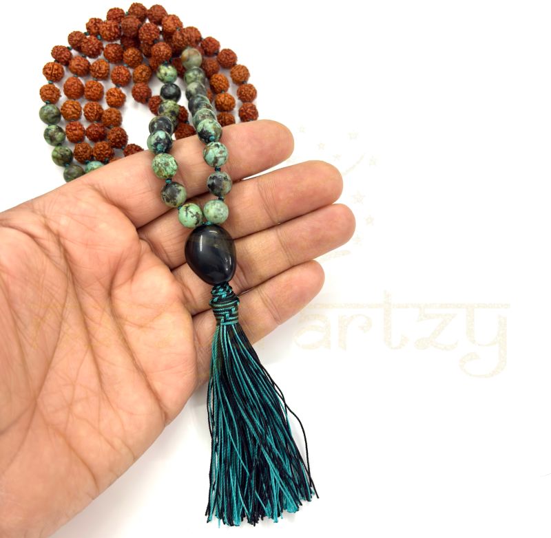 Handmade, Natural 8mm African Turquoise &AMP;AMP; Mix Faces Rudraksha Beads Necklace 108 Hand-Knotted Mala