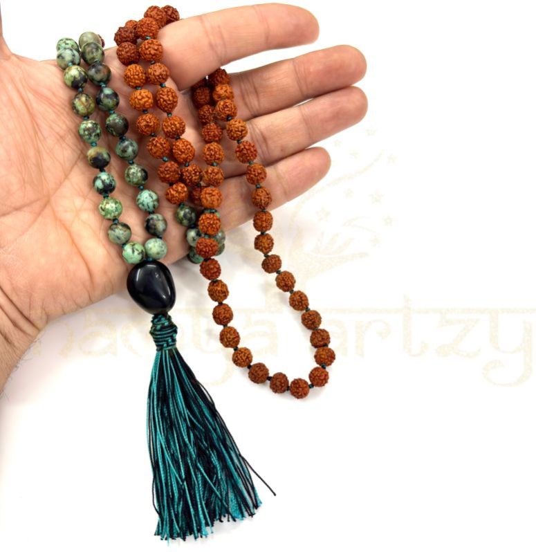 Handmade, Natural 8mm African Turquoise &AMP;AMP; Mix Faces Rudraksha Beads Necklace 108 Hand-Knotted Mala