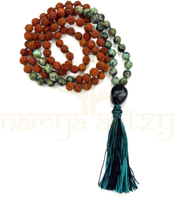 Handmade, Natural 8mm African Turquoise &AMP;AMP; Mix Faces Rudraksha Beads Necklace 108 Hand-Knotted Mala