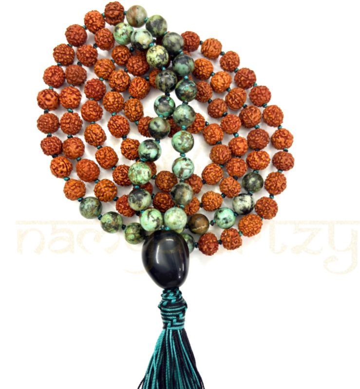 Handmade, Natural 8mm African Turquoise &AMP;AMP; Mix Faces Rudraksha Beads Necklace 108 Hand-Knotted Mala