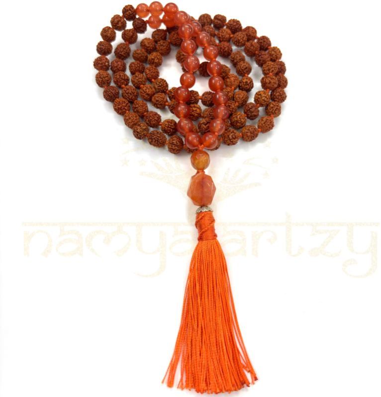 Handmade, Natural 8mm Carnelian &AMP;AMP; Mix Faces Rudraksha Beads Necklace 108 Hand-Knotted Mala