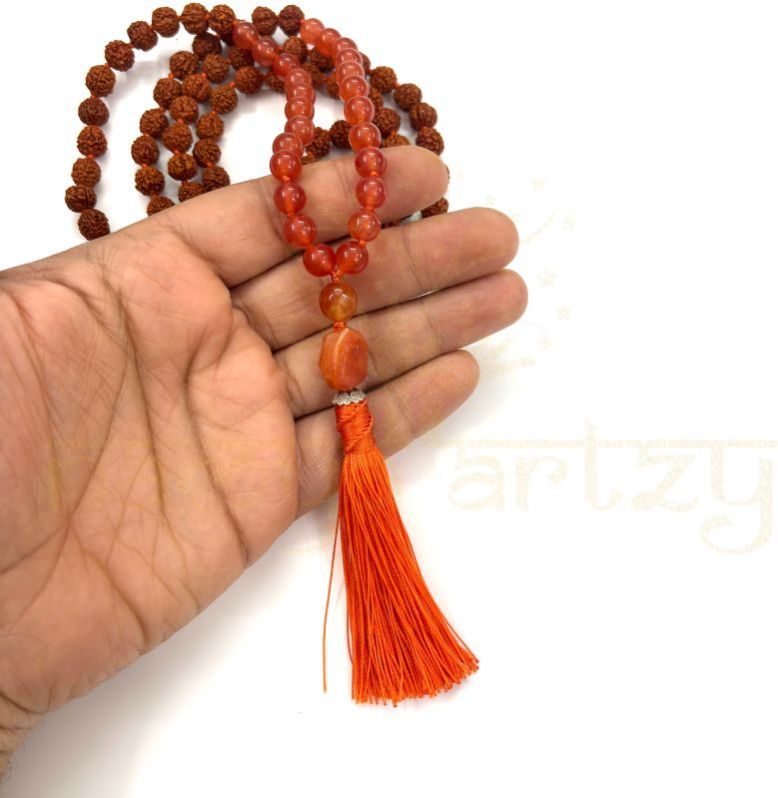 Handmade, Natural 8mm Carnelian &AMP;AMP; Mix Faces Rudraksha Beads Necklace 108 Hand-Knotted Mala