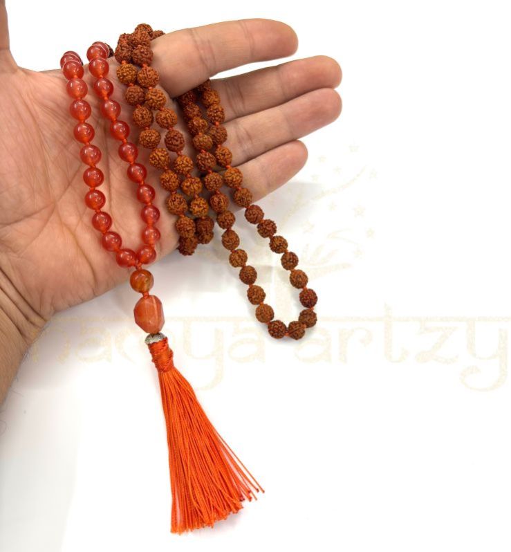 Handmade, Natural 8mm Carnelian &AMP;AMP; Mix Faces Rudraksha Beads Necklace 108 Hand-Knotted Mala