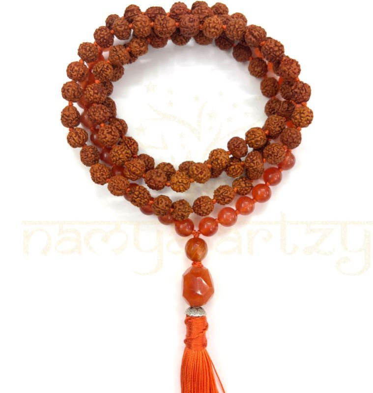 Handmade, Natural 8mm Carnelian &AMP;AMP; Mix Faces Rudraksha Beads Necklace 108 Hand-Knotted Mala